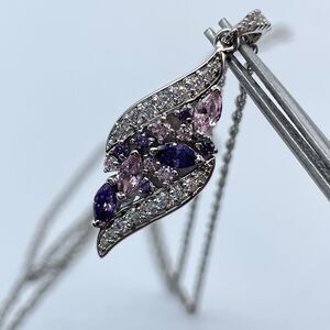 925 Italy Sterling Silver Pink Purple Cubic Zirconia Pendant Chain Necklace